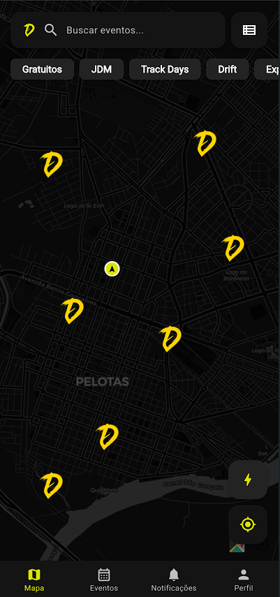Tela do mapa do app Driveet mostrando encontros próximos